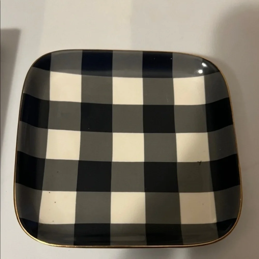 Draper James Nassau Navy Blue White Gingham Trinket Tray::Gold Accent::NIB::